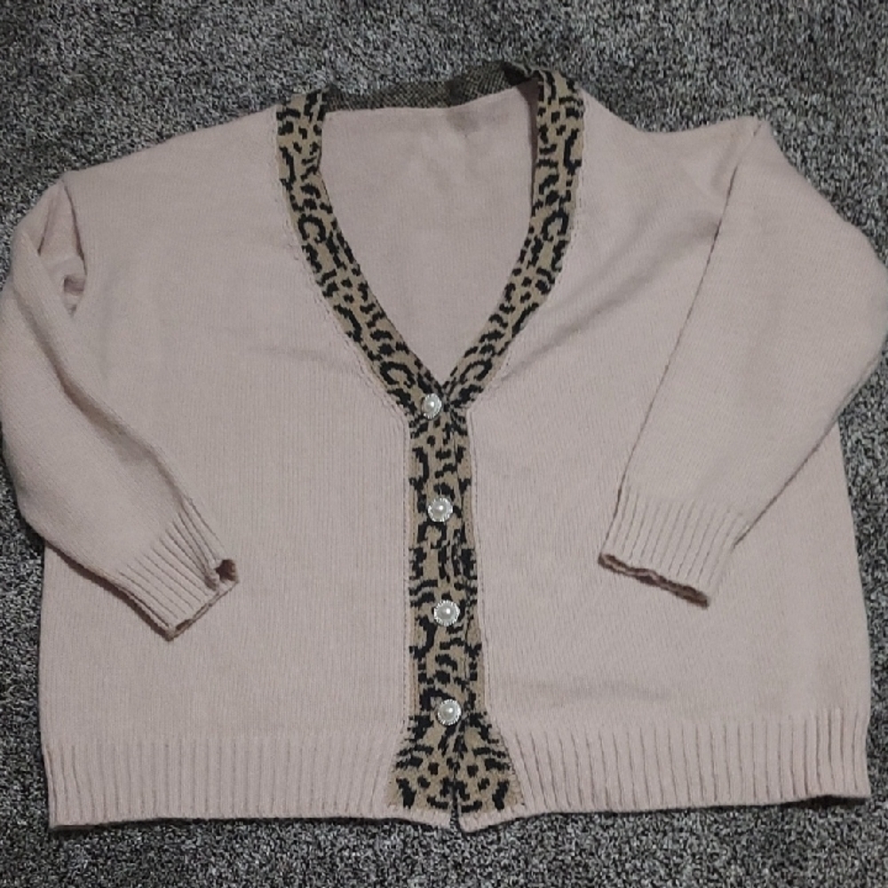 Leopard Trim Tan Plus-Size Cardigan Sweater